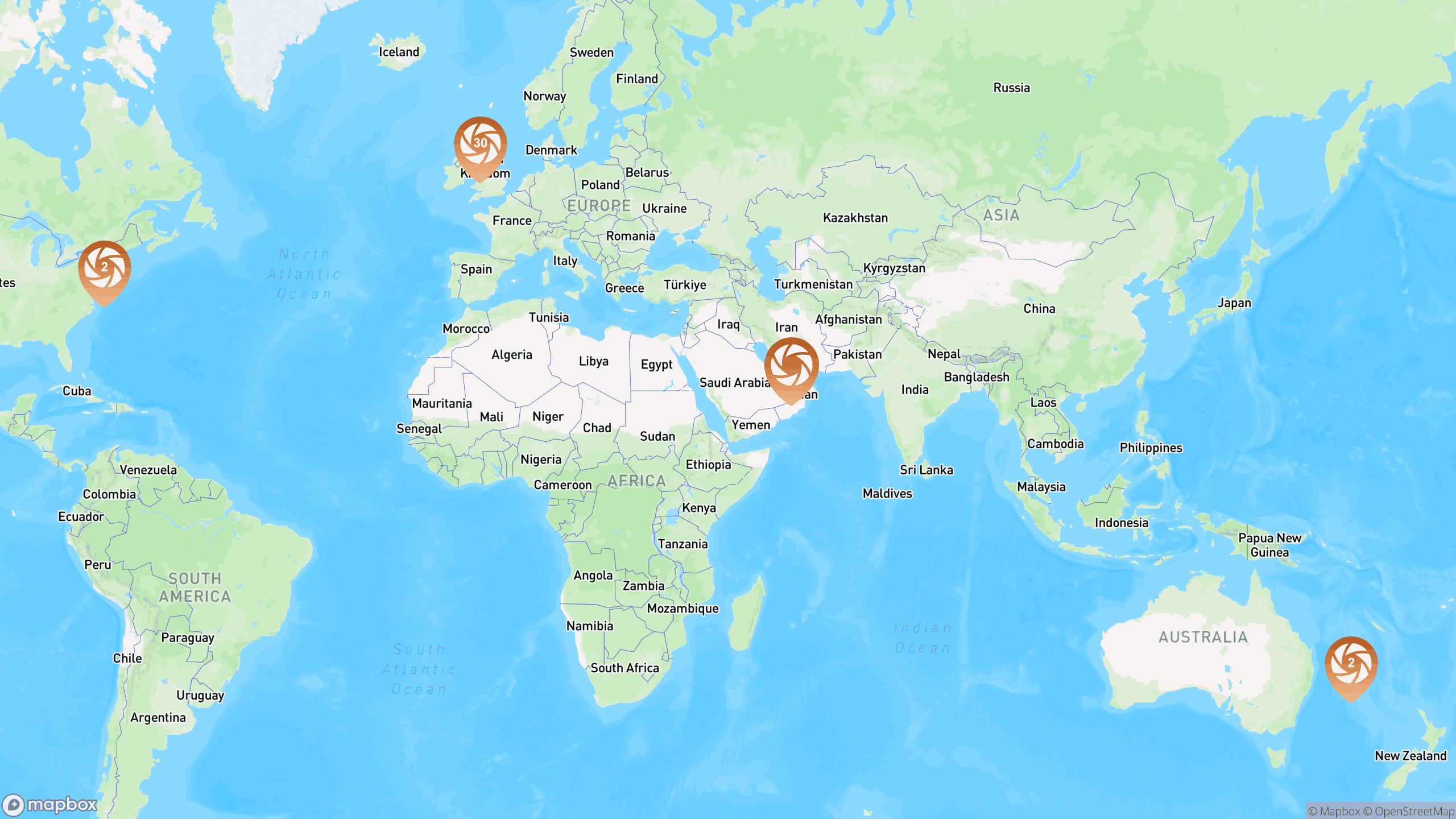 Map showing all photography locations around the world