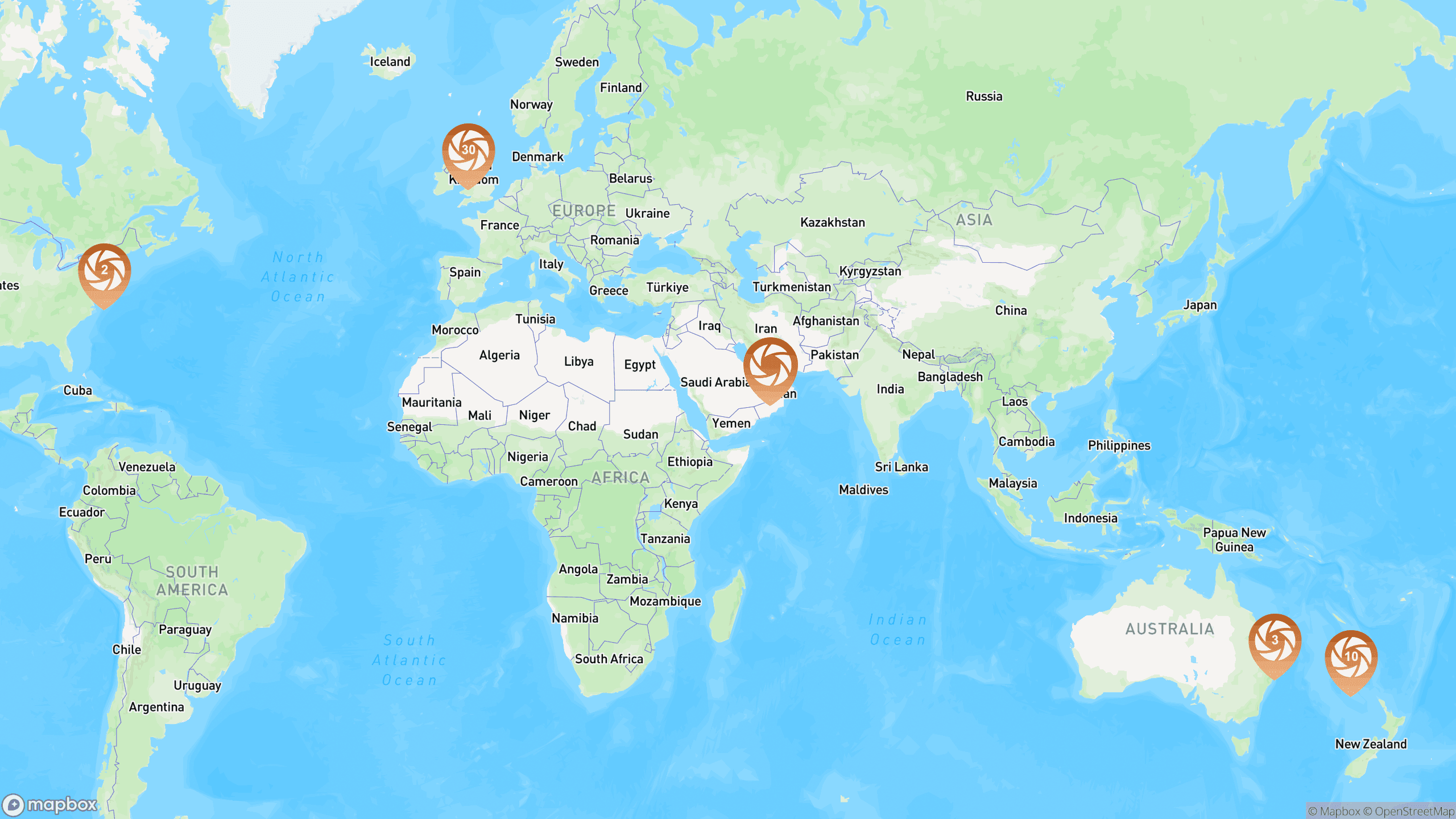 Carte affichant tous les lieux de photographie à travers le monde
